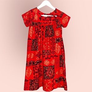 Vintage Authentic Made in Hawaii Red Cotton Dress with Black and Gold Print